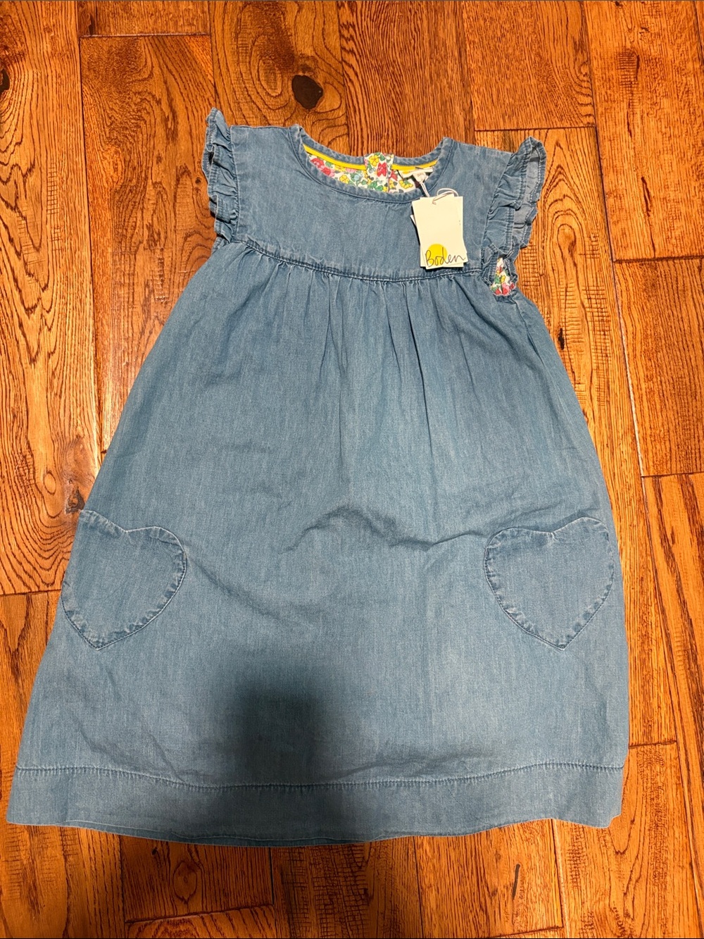 Mini Boden Light Blue Denim Girls Dress with Floral Trim and heart pockets - NWT